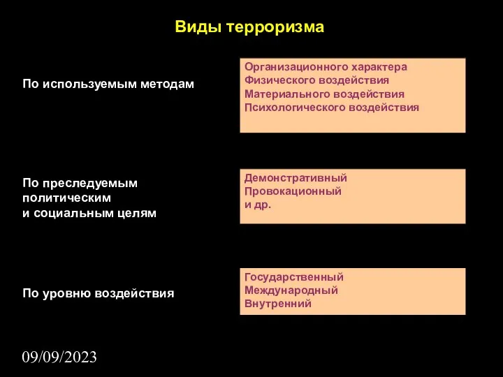 09/09/2023 Виды терроризма По используемым методам По преследуемым политическим и социальным