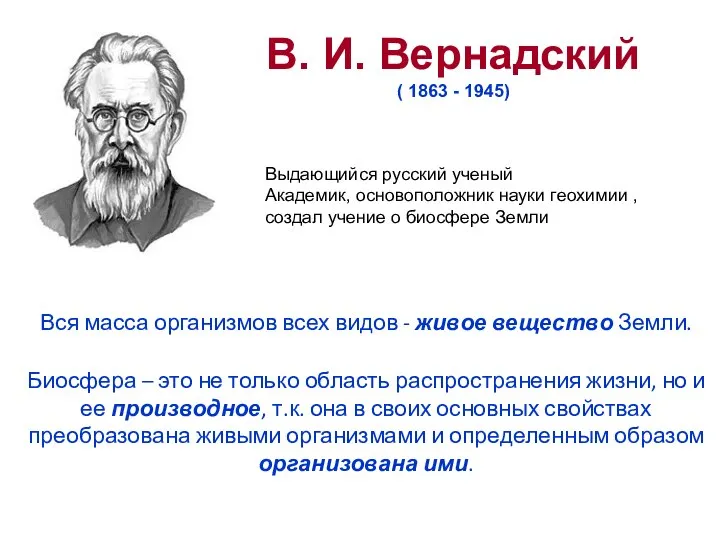 Вся масса организмов всех видов - живое вещество Земли. Биосфера –