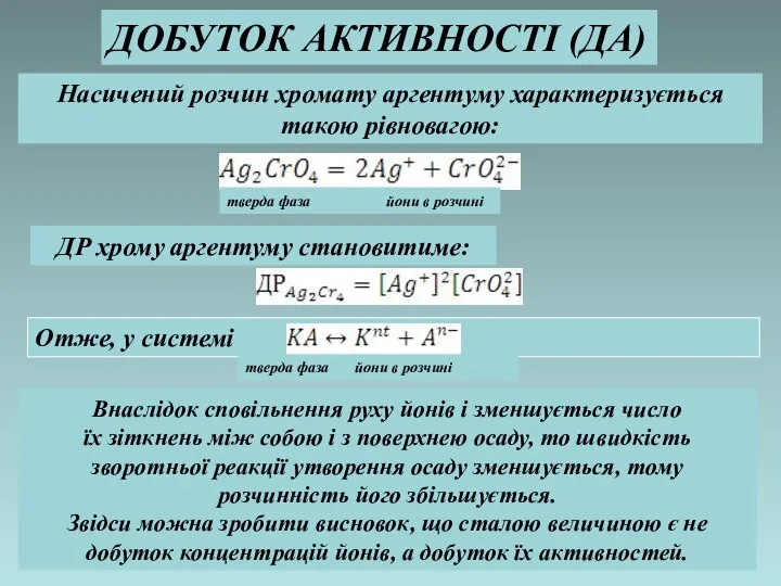 ДР хрому аргентуму становитиме: Насичений розчин хромату аргентуму характеризується такою рівновагою: