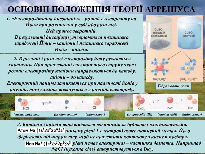 ОСНОВНІ ПОЛОЖЕННЯ ТЕОРІЇ АРРЕНІУСА 1. «Електролітична дисоціація» - розпад електроліту на