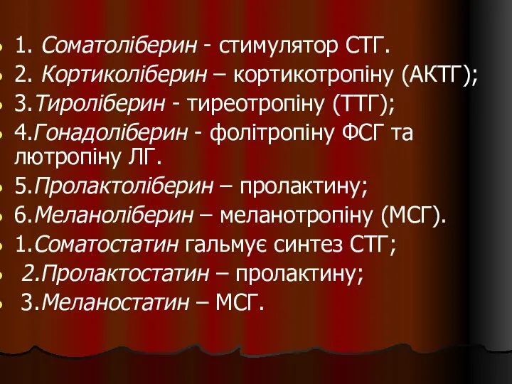 1. Соматоліберин - стимулятор СТГ. 2. Кортиколіберин – кортикотропіну (АКТГ); 3.Тироліберин