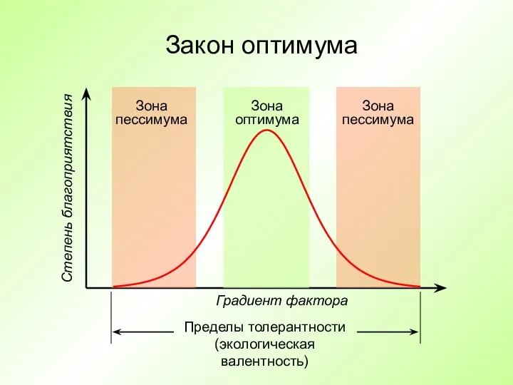 Закон оптимума Зона оптимума Зона пессимума Зона пессимума Градиент фактора Степень благоприятствия