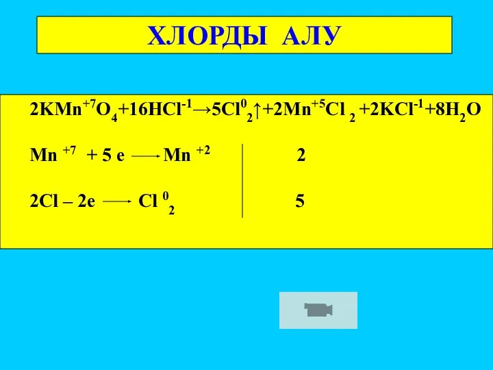 ХЛОРДЫ АЛУ 2KMn+7O4+16HCl-1→5Cl02↑+2Mn+5Cl 2 +2KCl-1+8H2O Mn +7 + 5 e Mn