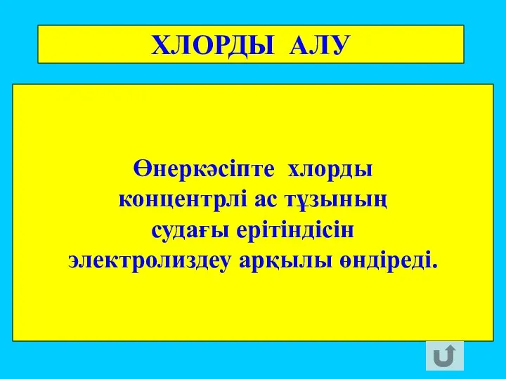 ХЛОРДЫ АЛУ Өнеркәсіпте хлорды концентрлі ас тұзының судағы ерітіндісін электролиздеу арқылы өндіреді.