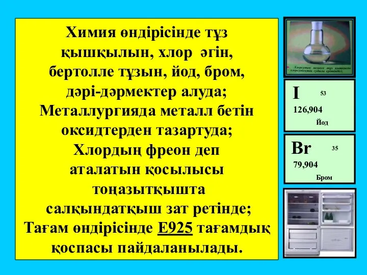 Химия өндірісінде тұз қышқылын, хлор әгін, бертолле тұзын, йод, бром, дәрі-дәрмектер