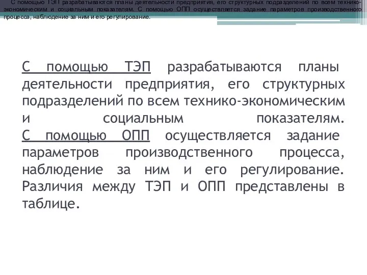 С помощью ТЭП разрабатываются планы деятельности предприятия, его структурных подразделений по