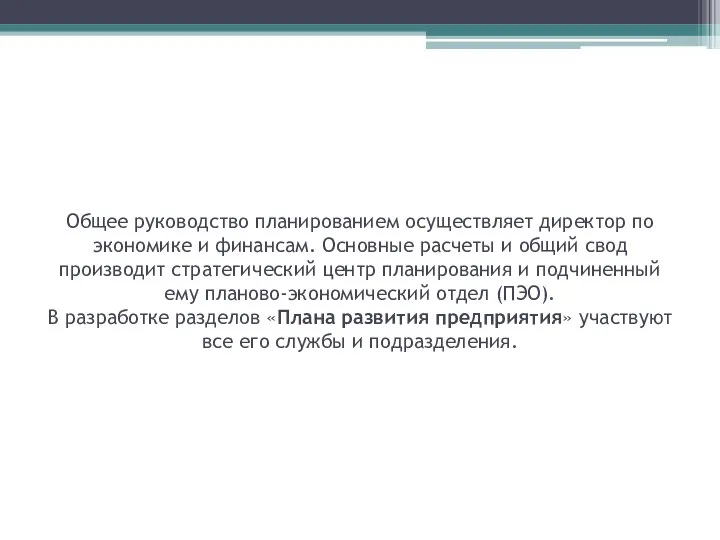 Общее руководство планированием осуществляет директор по экономике и финансам. Основные расчеты