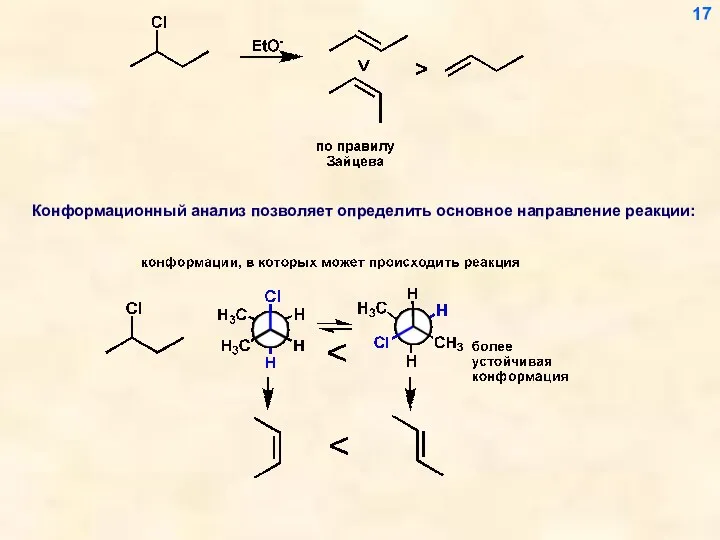 Конформационный анализ позволяет определить основное направление реакции: 17