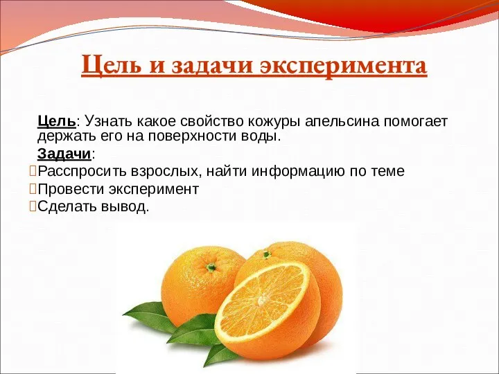 Цель: Узнать какое свойство кожуры апельсина помогает держать его на поверхности