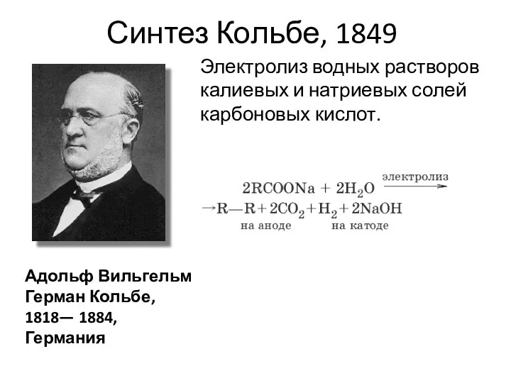 Синтез Кольбе, 1849 Электролиз водных растворов калиевых и натриевых солей карбоновых