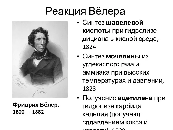 Реакция Вёлера Синтез щавелевой кислоты при гидролизе дициана в кислой среде,