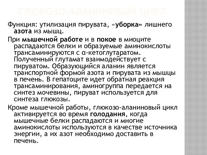 ГЛЮКОЗО-АЛАНИНОВЫЙ ЦИКЛ Функция: утилизация пирувата, «уборка» лишнего азота из мышц. При