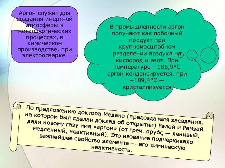 Аргон служит для создания инертной атмосферы в металлургических процессах, в химическом