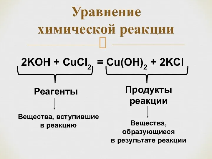 Уравнение химической реакции 2KOH + CuCl2 = Cu(OH)2 + 2KCl Реагенты