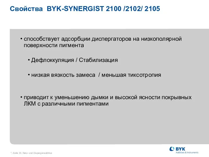 *, Seite , Netz- und Dispergieradditive Свойства BYK-SYNERGIST 2100 /2102/ 2105