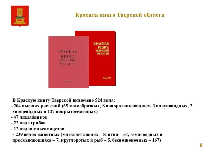 Красная книга Тверской области В Красную книгу Тверской включено 524 вида: