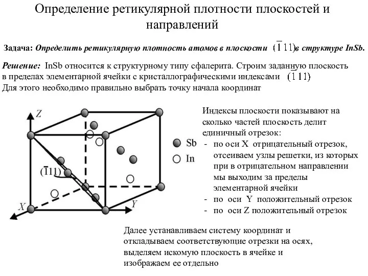 Определение ретикулярной плотности плоскостей и направлений Задача: Определить ретикулярную плотность атомов