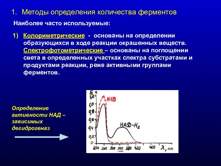 Методы определения количества ферментов Наиболее часто используемые: Колориметрические - основаны на