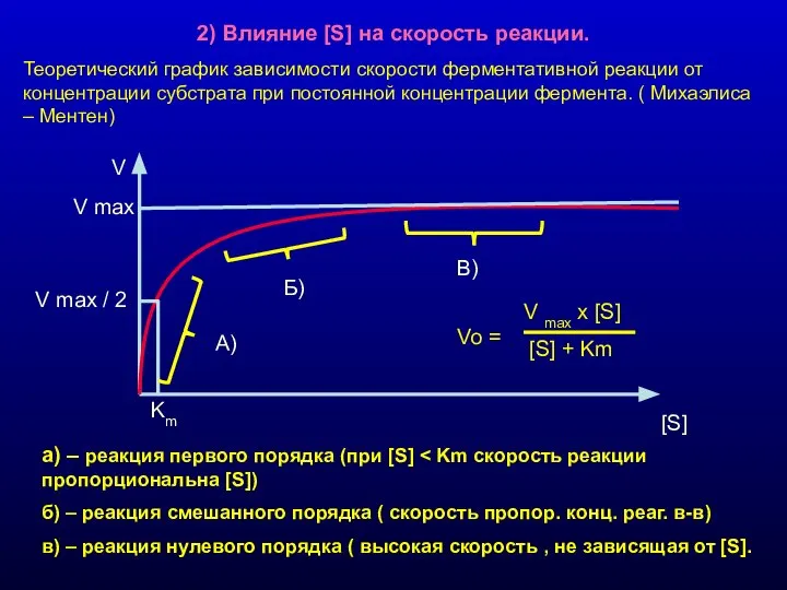 2) Влияние [S] на скорость реакции. Теоретический график зависимости скорости ферментативной