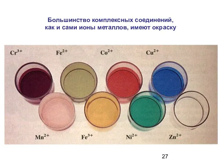 Большинство комплексных соединений, как и сами ионы металлов, имеют окраску