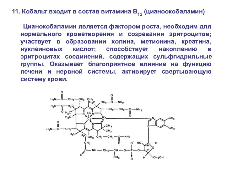 11. Кобальт входит в состав витамина B12 (цианоокобаламин) Цианокобаламин является фактором