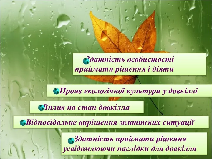 Екологічна компетентність це: Прояв екологічної культури у довкіллі Здатність особистості приймати