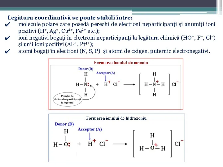 Legătura coordinativă se poate stabili între: molecule polare care posedă perechi