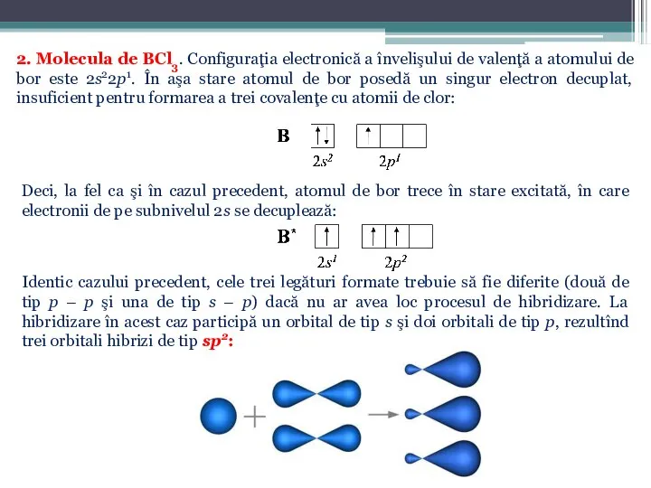 2. Molecula de BCl3. Configuraţia electronică a învelişului de valenţă a