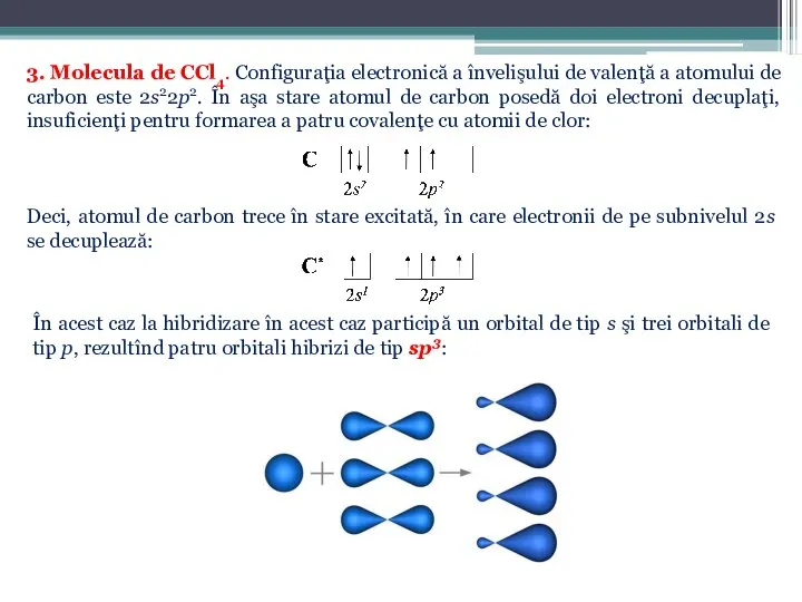 3. Molecula de CCl4. Configuraţia electronică a învelişului de valenţă a