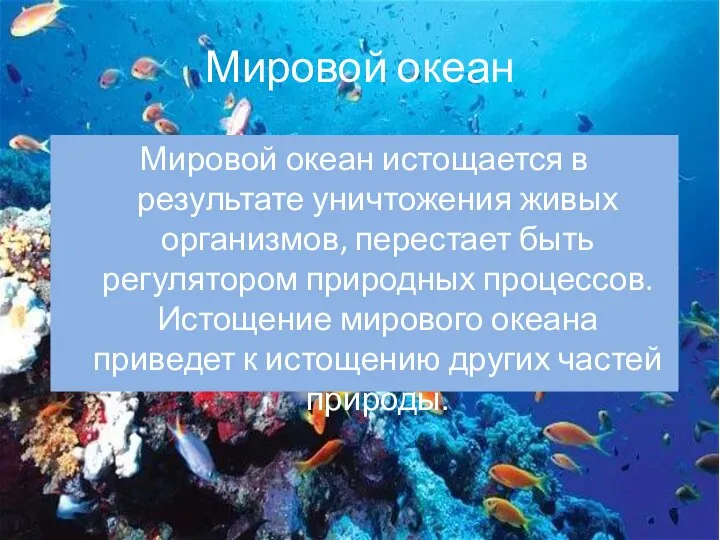 Мировой океан Мировой океан истощается в результате уничтожения живых организмов, перестает