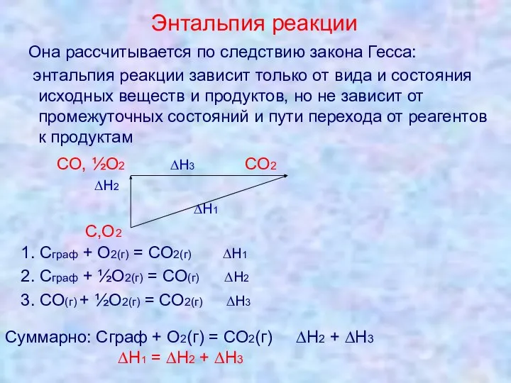 Энтальпия реакции Она рассчитывается по следствию закона Гесса: энтальпия реакции зависит