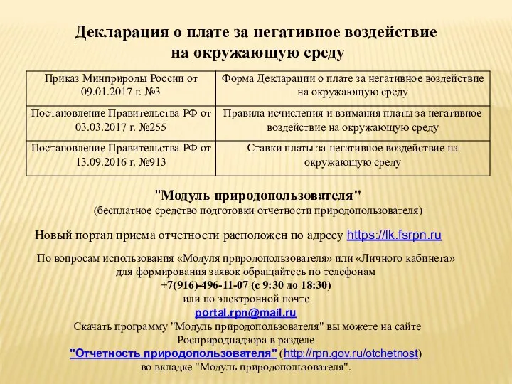 Декларация о плате за негативное воздействие на окружающую среду "Модуль природопользователя"