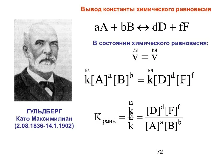 Вывод константы химического равновесия В состоянии химического равновесия: ГУЛЬДБЕРГ Като Максимилиан (2.08.1836-14.1.1902)