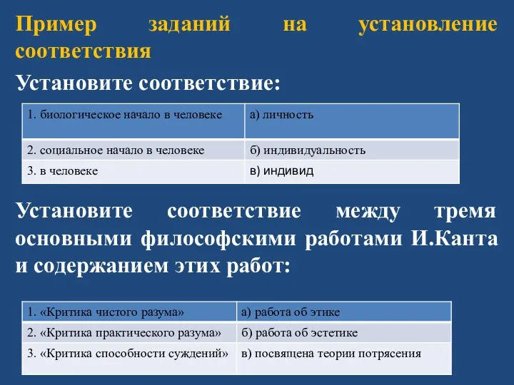 Пример заданий на установление соответствия Установите соответствие: Установите соответствие между тремя