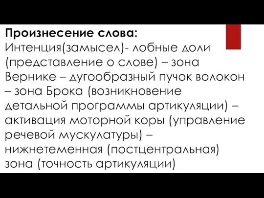 Произнесение слова: Интенция(замысел)- лобные доли (представление о слове) – зона Вернике