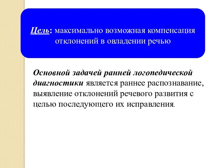 Цель: максимально возможная компенсация отклонений в овладении речью Основной задачей ранней