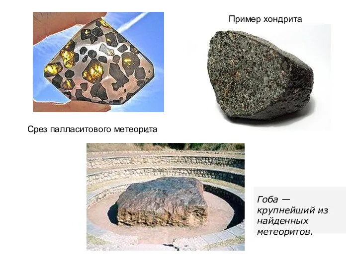 Срез палласитового метеорита Пример хондрита Гоба — крупнейший из найденных метеоритов.
