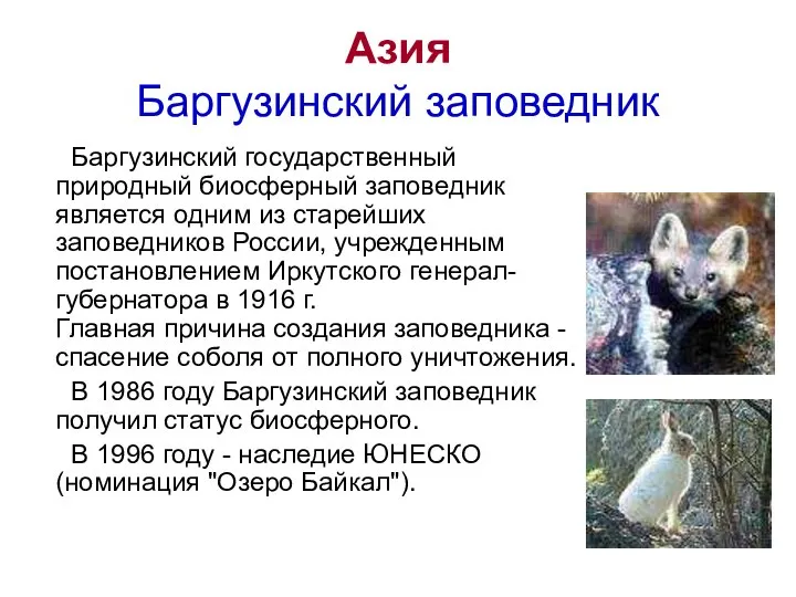 Азия Баргузинский заповедник Баргузинский государственный природный биосферный заповедник является одним из