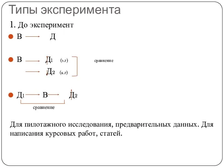 Типы эксперимента 1. До эксперимент В Д В Д1 (э.г) сравнение