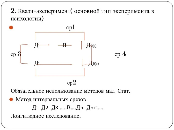 2. Квази-эксперимент( основной тип эксперимента в психологии) ср1 Д1 В Д2(э)