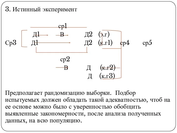 3. Истинный эксперимент ср1 Д1 В Д2 (э.г) Ср3 Д1 Д2