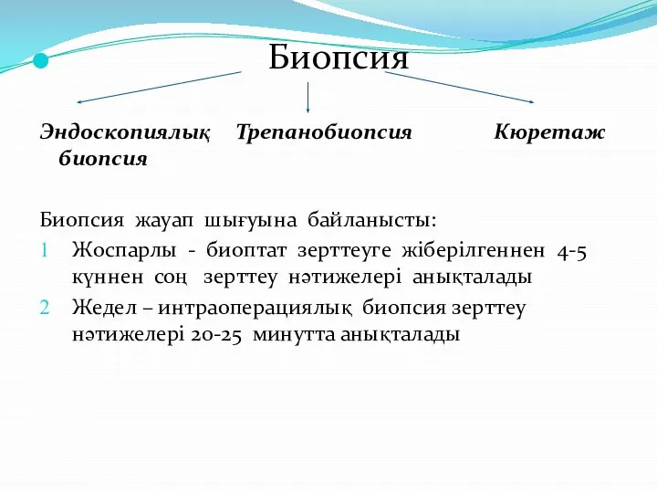 Биопсия Эндоскопиялық Трепанобиопсия Кюретаж биопсия Биопсия жауап шығуына байланысты: Жоспарлы -