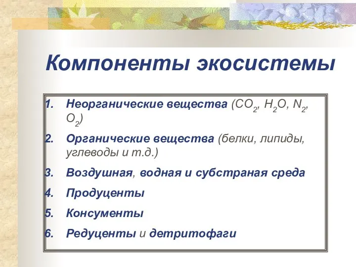 Компоненты экосистемы Неорганические вещества (CO2, H2O, N2, O2) Органические вещества (белки,