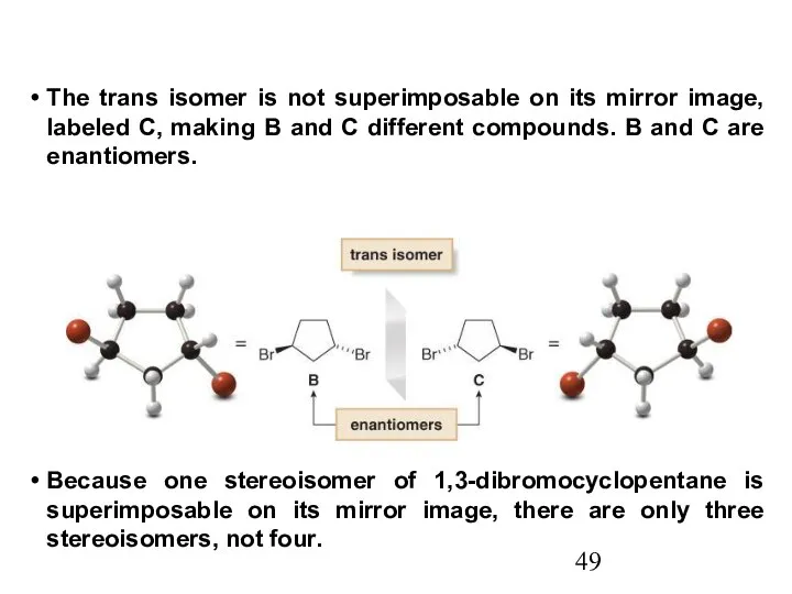 The trans isomer is not superimposable on its mirror image, labeled