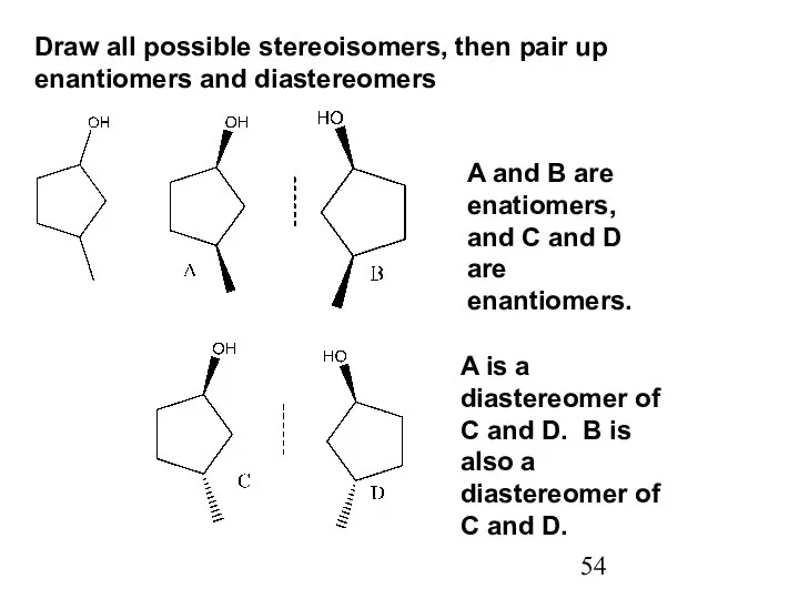 Draw all possible stereoisomers, then pair up enantiomers and diastereomers A