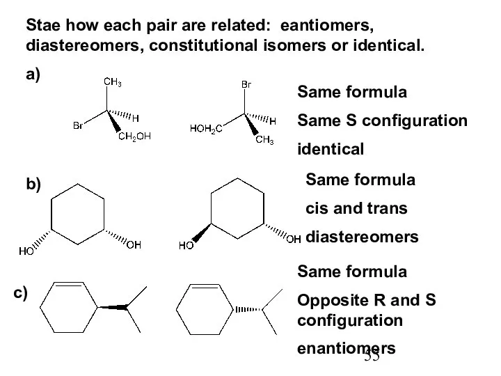 Stae how each pair are related: eantiomers, diastereomers, constitutional isomers or