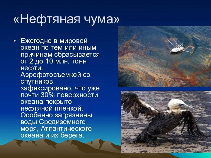 «Нефтяная чума» Ежегодно в мировой океан по тем или иным причинам