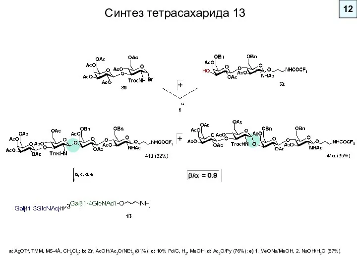 12 a: AgOTf, TMM, MS-4Å, CH2Cl2; b: Zn, AcOH/Ac2O/NEt3 (81%); c: