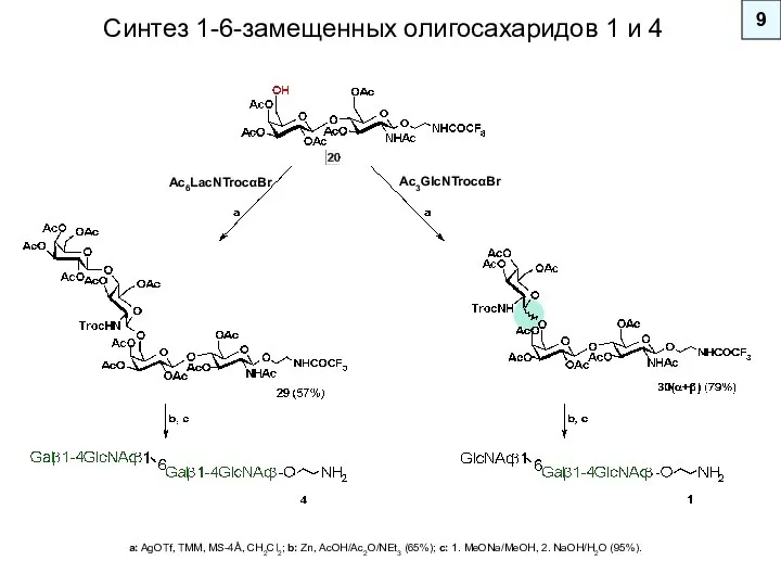 9 a: AgOTf, TMM, MS-4Å, CH2Cl2; b: Zn, AcOH/Ac2O/NEt3 (65%); c: