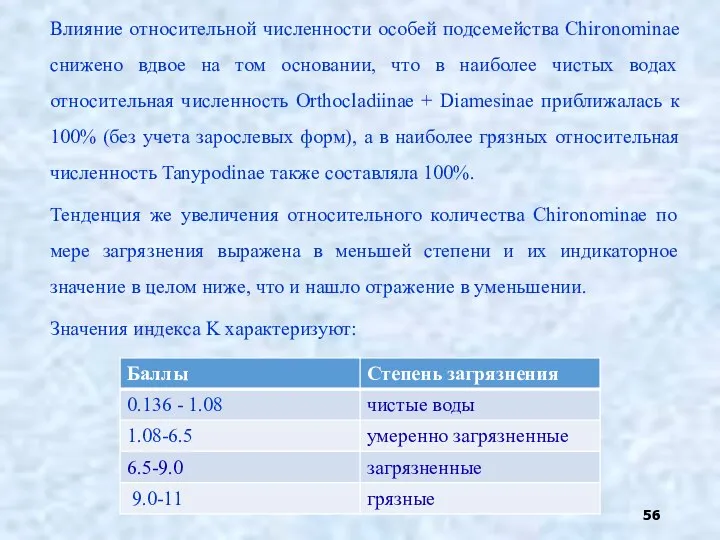 Влияние относительной численности особей подсемейства Chironominae снижено вдвое на том основании,